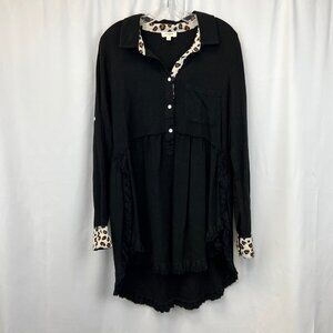 Umgee Womens Black High Low Hem Long Sleeve Tunic Blouse Top Frayed Size Small